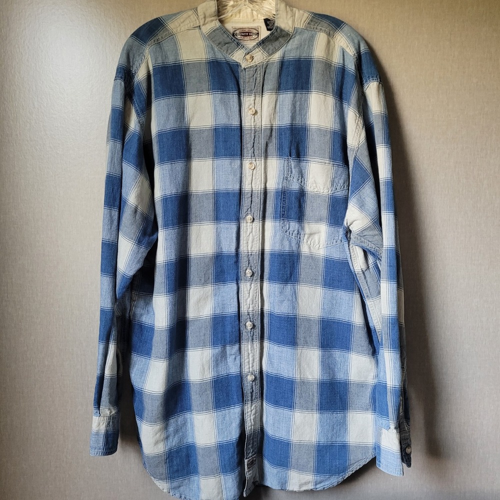 Vintage County Seat Linen Blend Shirt Mens L Blue Plaid Band Collar Grandad 90s